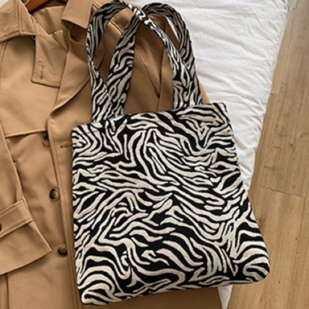 Large Zebra Tote Bag Black White Commuter Travel Minimalist Chic Fabric